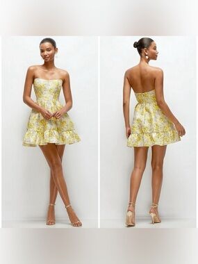 Dessy Collection Yellow and Cream Floral Mini Dress